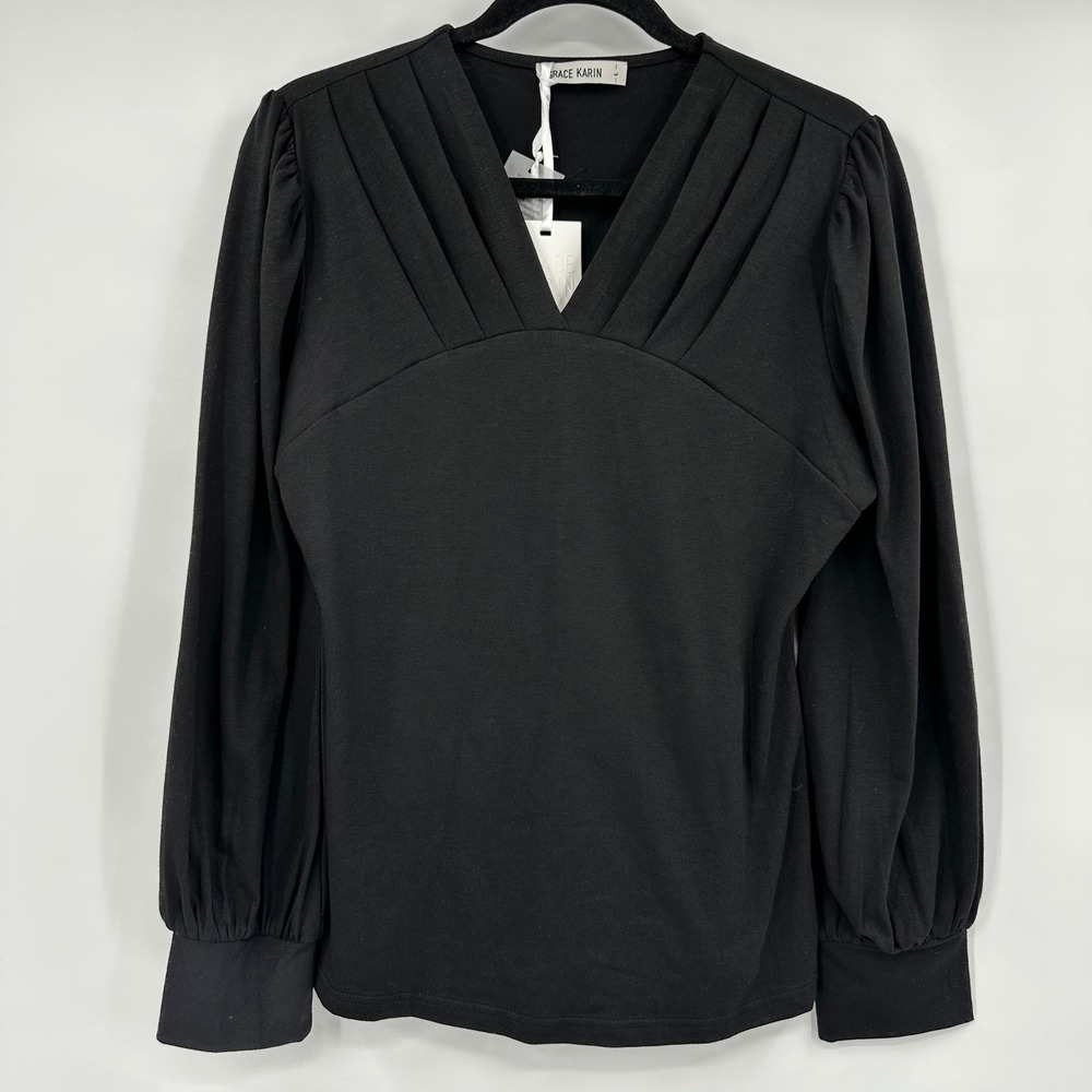 Grace Karin Womens Black Pleated V-Neck Bishop Sleeve Empire Waist Top Large NEW